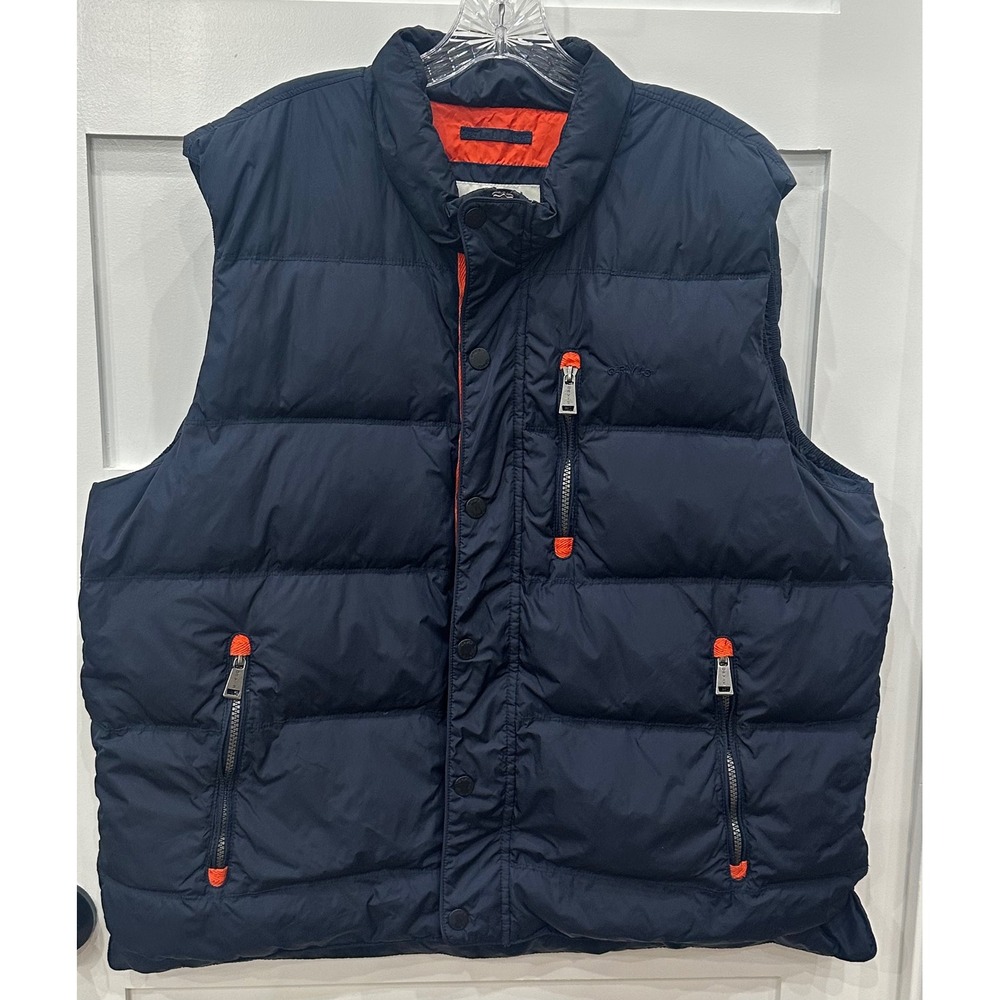 Orvis Classic Collection Mens XL Navy Down Puffer Vest Orange Lining Pockets